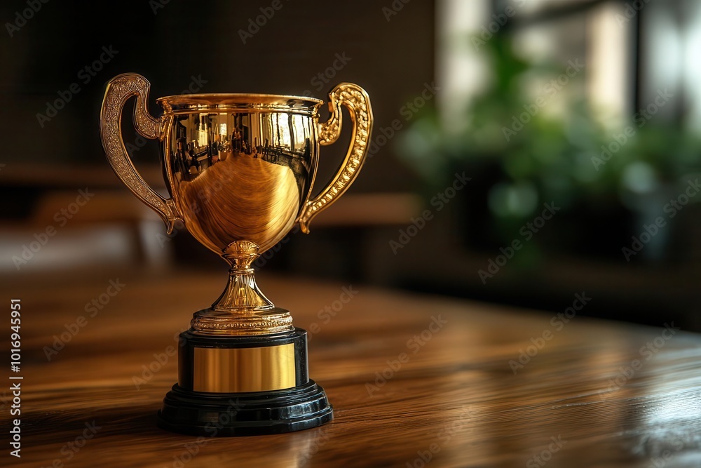 gleaming golden trophy on a richly textured wooden table symbolizing victory and achievement with soft ambient lighting creating a mood of success and pride gleaming golden trophy on a richly textured wooden table symbolizing victory and achievement with soft ambient lighting creating a mood of success and pride