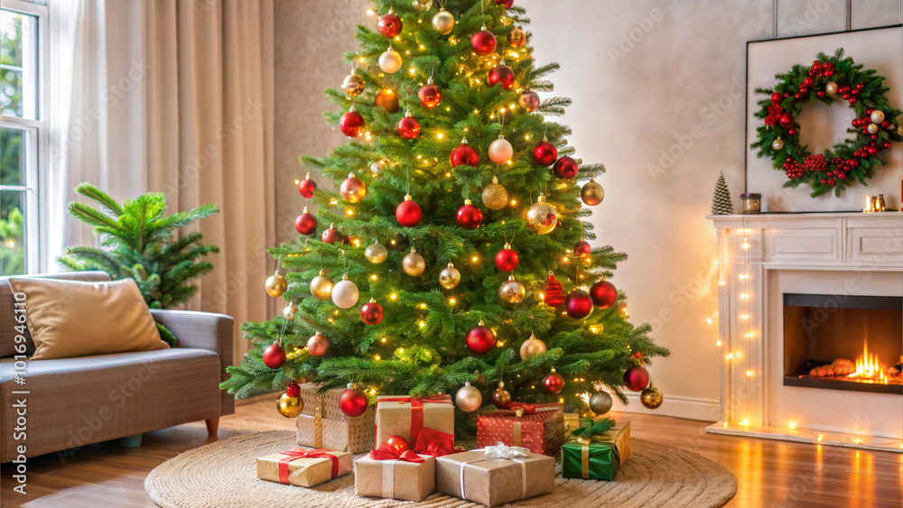 Festively decorated Christmas tree with ornaments and gifts in a cozy living room
Festively decorated Christmas tree with ornaments and gifts in a cozy living room