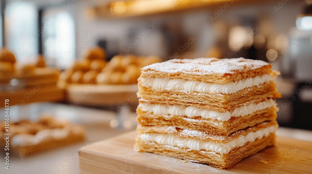 A stack of perfectly layered mille-feuille, with a glossy, modern patisserie in the background A stack of perfectly layered mille-feuille, with a glossy, modern patisserie in the background