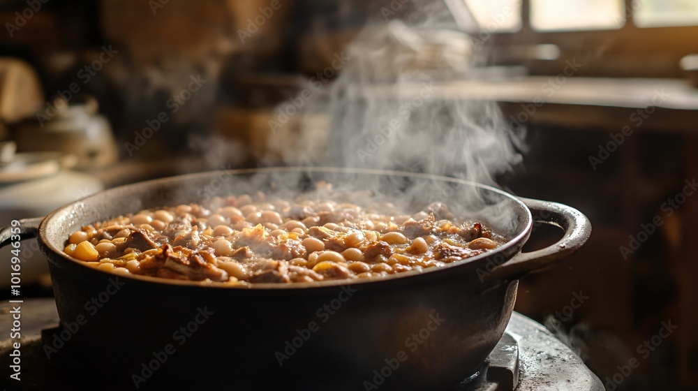 A steaming bowl of cassoulet, rich with duck and beans, set in a rustic farmhouse kitchen in Toulouse A steaming bowl of cassoulet, rich with duck and beans, set in a rustic farmhouse kitchen in Toulouse