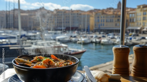 A steaming bowl of bouillabaisse with seafood, with a view of the picturesque port of Marseille photo