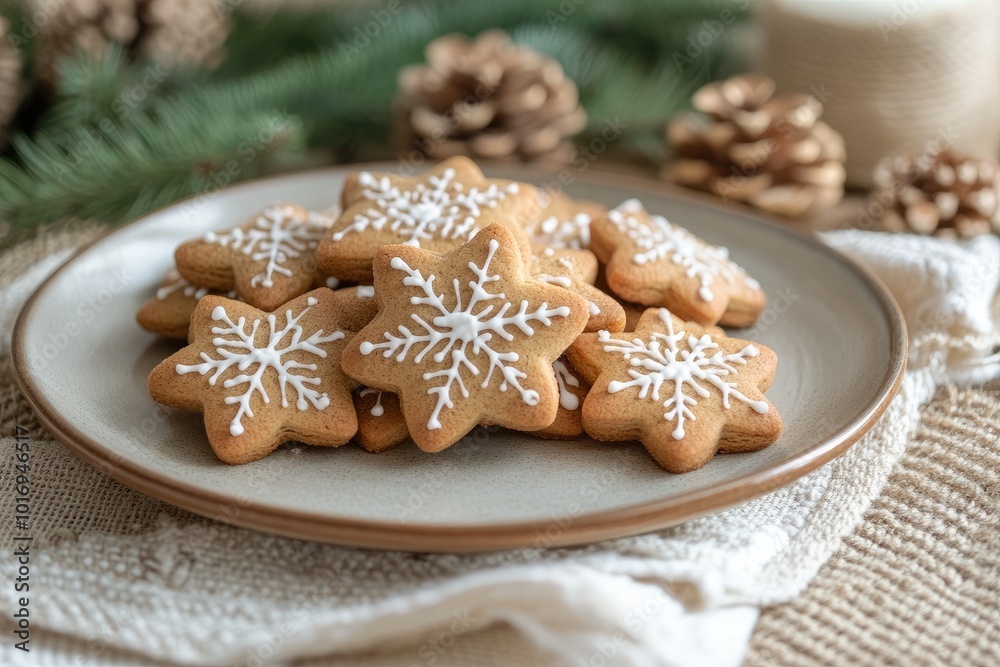 Plate of gingerbread star cookies with royal icing decoration for christmas Plate of gingerbread star cookies with royal icing decoration for christmas