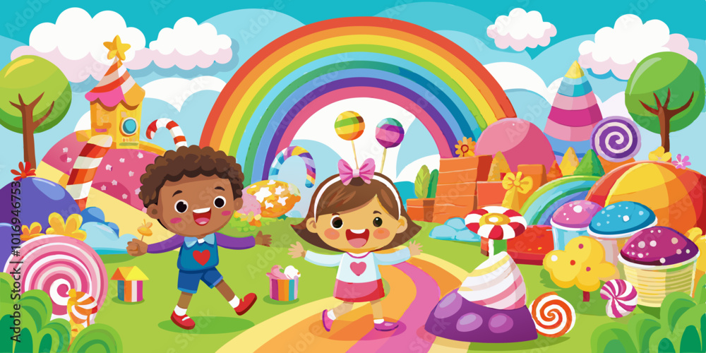 Some happy children playing in a joyful, colorful candy land. Features vibrant rainbow, lollipops, and whimsical scenery Editable all layer vector illustration Some happy children playing in a joyful, colorful candy land. Features vibrant rainbow, lollipops, and whimsical scenery Editable all layer vector illustration