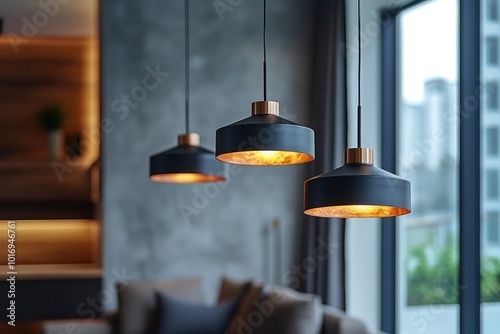 Three black and gold hanging lamps illuminating a modern living room photo