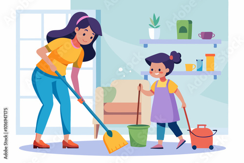  A mother and daughter cleaning the house together, the mother sweeping the floor while the daughter holds a bucket Editable all layer vector illustration
