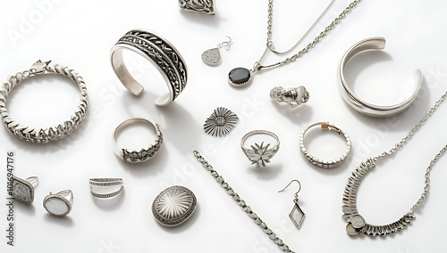 diverse collection silver jewelry pieces showcased alone clean white background