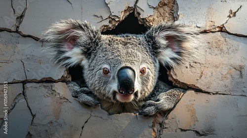 A vibrant illustration of a koala bursting through a wall, embodying a playful and adventurous spirit while creating a fun and dynamic visual experience. photo