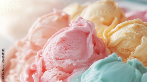 A mesmerizing close-up shot highlighting the intricate textures and vibrant colors of several ice cream scoops, creating an inviting summer dessert scene.