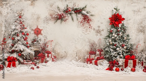 a muted, rustic looking, neutral coloured christmas scene with a rustic worn vintage frame around the outside