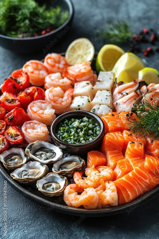 Delicious assorted seafood platter with oysters, prawns and salmon Delicious assorted seafood platter with oysters, prawns and salmon