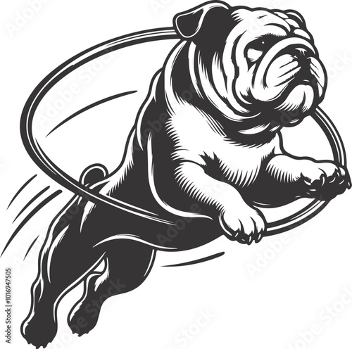 a bulldog jumping through a hoop silhouette vector design.