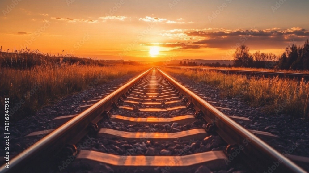 Sunset Over Distant Railroad Tracks in Golden Light Sunset Over Distant Railroad Tracks in Golden Light