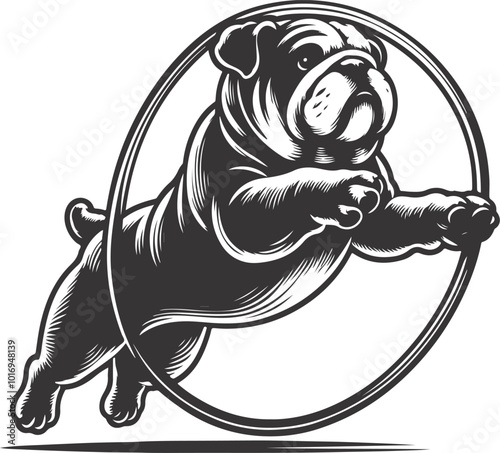 a bulldog jumping through a hoop silhouette vector design.
