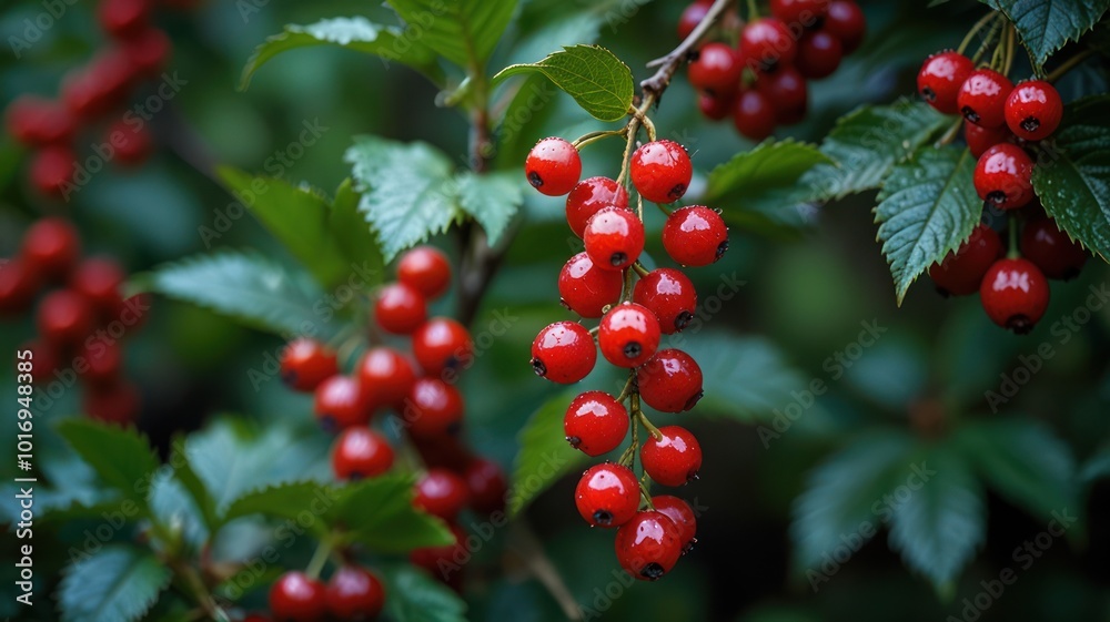 Close-up of ripe red berries on a branch with green leaves.