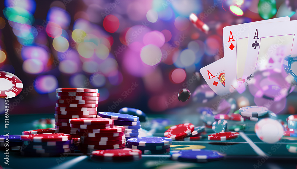 Luxurious casino night with poker cards and chips in michigan, featuring colorful poker chips in a glamorous setting Luxurious casino night with poker cards and chips in michigan, featuring colorful poker chips in a glamorous setting