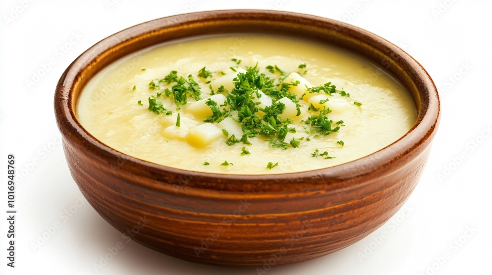 A bowl of vichyssoise, a creamy potato and leek soup, isolated on a simple white background A bowl of vichyssoise, a creamy potato and leek soup, isolated on a simple white background
