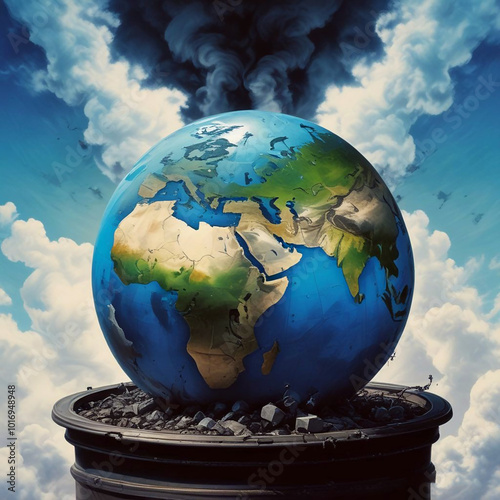 Realistic illustration of earth globe surround with black diesel oil barrel pollution. photo