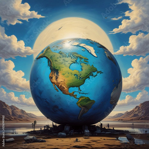 Realistic illustration of earth globe surround with black diesel oil barrel pollution. photo