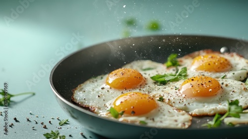 Steaming hot sunny side up eggs sprinkled with fresh herbs and black pepper cooking in a dark pan, emanating warmth and delicious aromas around. photo