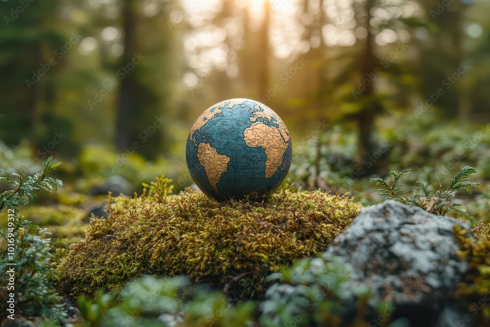 globe resting on moss in a serene forest setting symbolizing earth day and environmental awareness through lush natural elements globe resting on moss in a serene forest setting symbolizing earth day and environmental awareness through lush natural elements