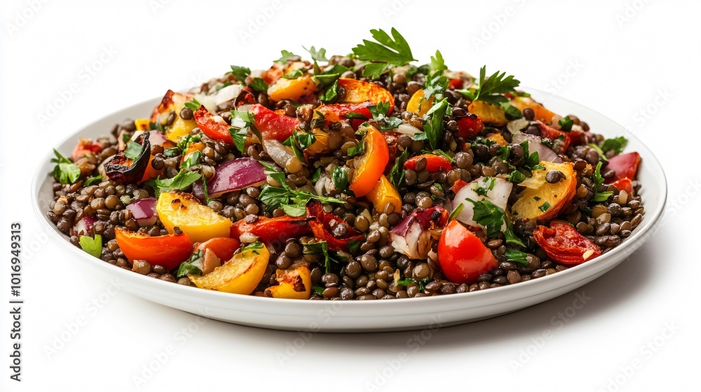 A hearty French lentil salad with roasted vegetables, placed on a white plate with an isolated background A hearty French lentil salad with roasted vegetables, placed on a white plate with an isolated background