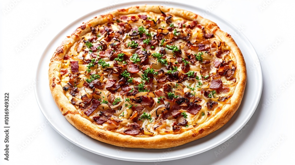 A perfectly cooked tarte flambee with crispy onions and bacon, isolated on a white plate A perfectly cooked tarte flambee with crispy onions and bacon, isolated on a white plate