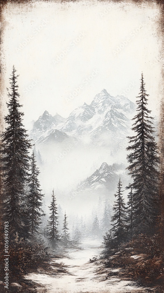 Obraz premium a muted, rustic looking, neutral coloured christmas scene with a rustic worn vintage frame around the outside