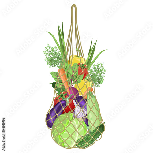 Vegetables in a string bag tomatoes, cabbage, zucchini, cucumbers, onions,eggplant, garlic, pepper, carrots on a white background.Vector composition of a grocery basket.