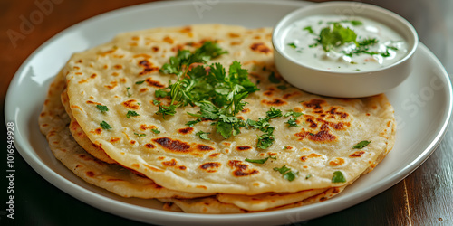 Aloo Achari Paratha on a White Plate with Raita | Appetising Indian Flatbread with Tangy Pickle Spices and Yogurt Dip