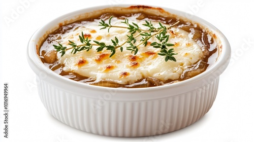 A serving of French onion soup with caramelized onions and melted Gruyere cheese, isolated on a classic white background