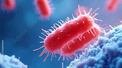 Detailed illustration of rod-shaped bacteria observed through a microscope. Bacteria in Close-Up Under Microscope. Microbiology and Cell Science