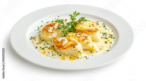 A serving of quenelles with creamy sauce, isolated on a white ceramic plate with an elegant presentation