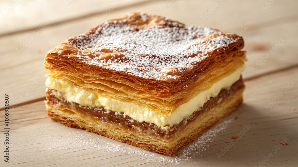 A traditional slice of mille-feuille, layers of puff pastry and custard, isolated on a clean, light wood surface A traditional slice of mille-feuille, layers of puff pastry and custard, isolated on a clean, light wood surface