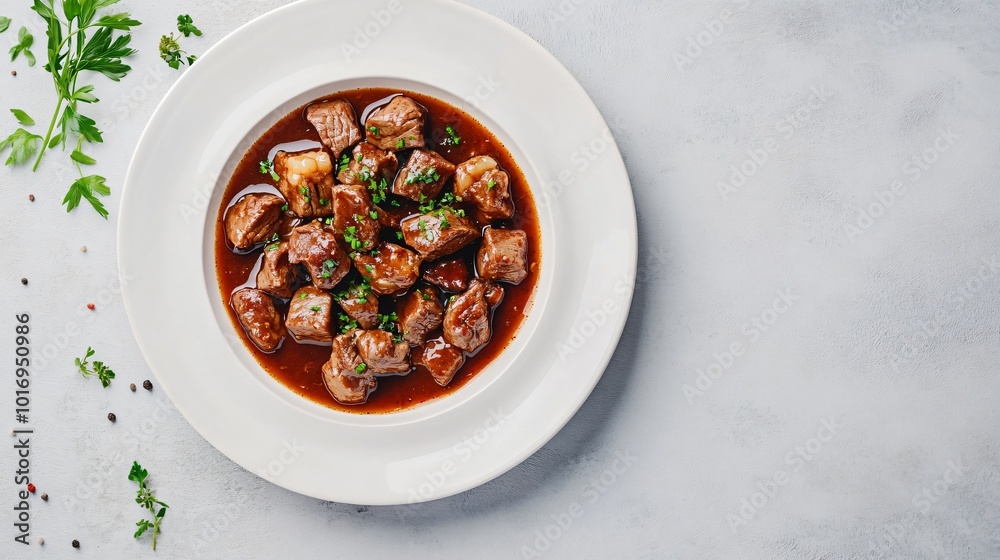 Delicious boeuf bourguignon, tender beef in a rich wine sauce, styled on a white ceramic dish with an isolated grey background Delicious boeuf bourguignon, tender beef in a rich wine sauce, styled on a white ceramic dish with an isolated grey background