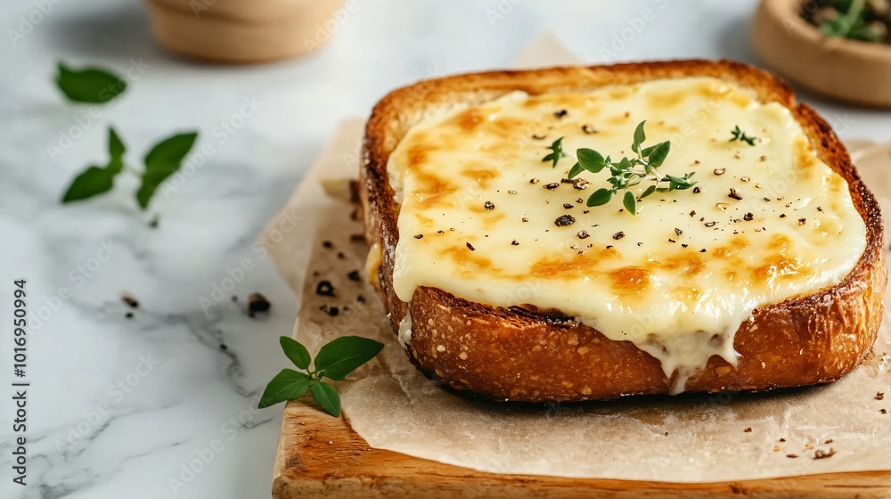 Delicious croque monsieur with bechamel sauce, isolated on a light marble background Delicious croque monsieur with bechamel sauce, isolated on a light marble background