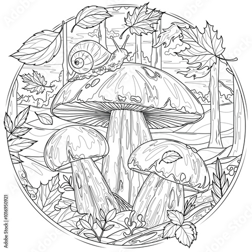Porcini mushrooms in the autumn forest and snail.Coloring book antistress for children and adults.