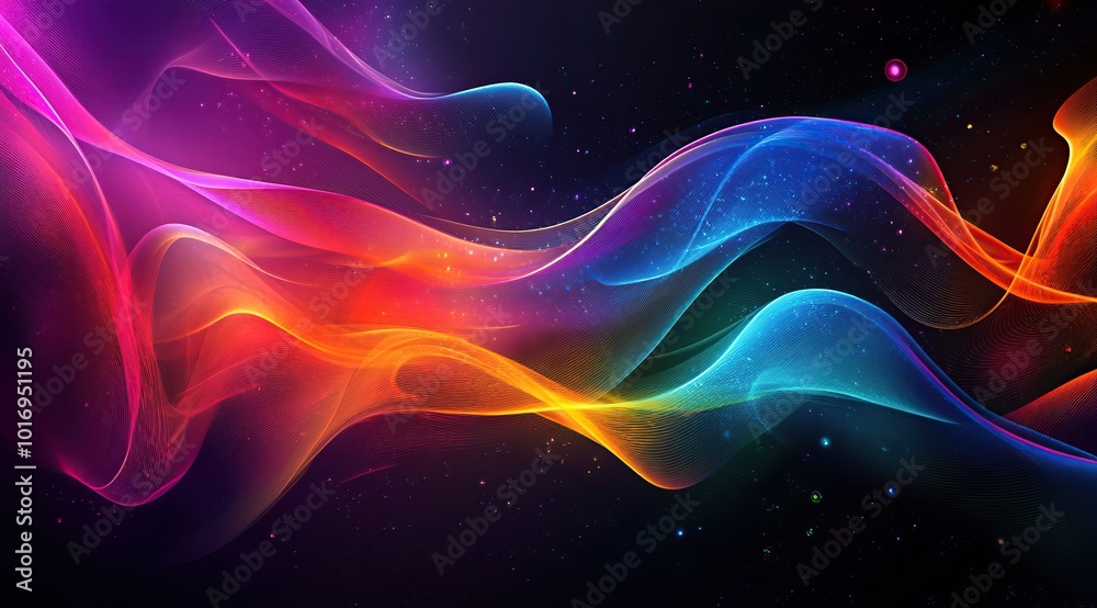 Abstract colorful glowing smoke waves on black background, digital art, futuristic design Abstract colorful glowing smoke waves on black background, digital art, futuristic design