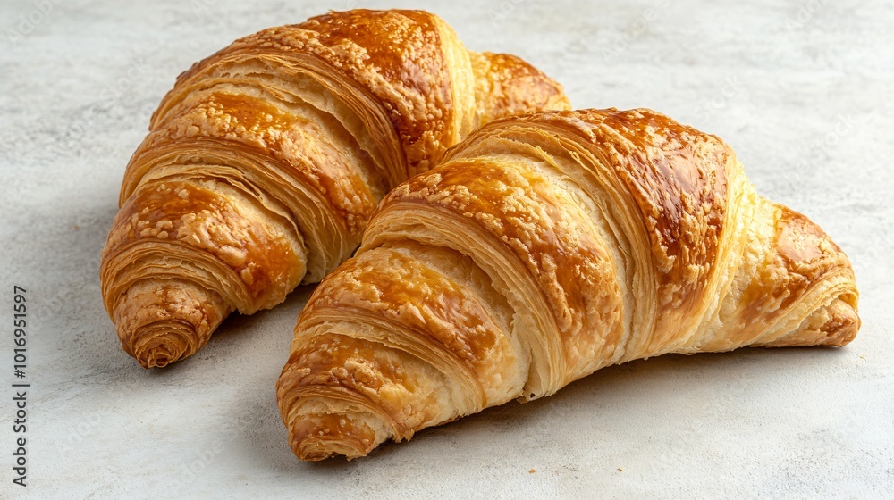 Freshly baked croissants with a golden flaky texture, isolated on a light, neutral background