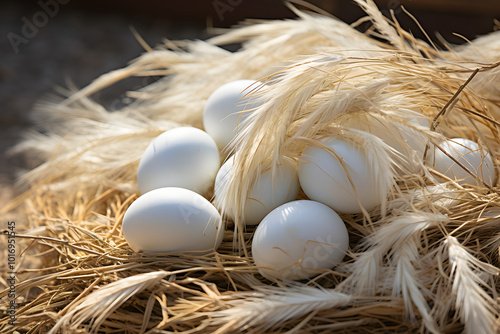 White chicken eggs arranged in a nest of straw grass