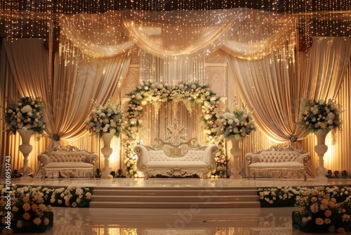 A wedding reception with a white backdrop and floral decorations, generative ai image
