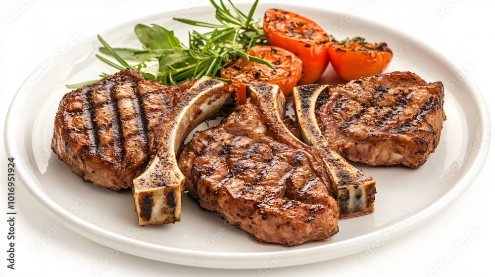 Perfectly grilled and seasoned lamb chops, isolated on a white ceramic plate Perfectly grilled and seasoned lamb chops, isolated on a white ceramic plate