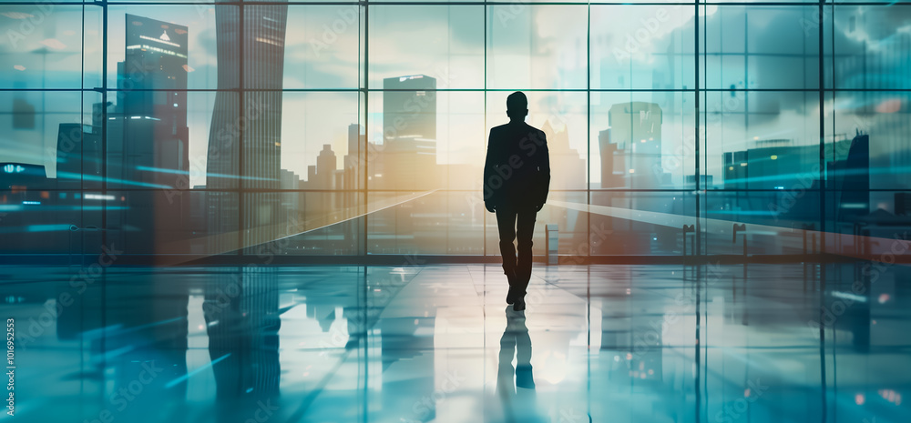 Fototapeta premium Businessman walking towards city skyline through glass office