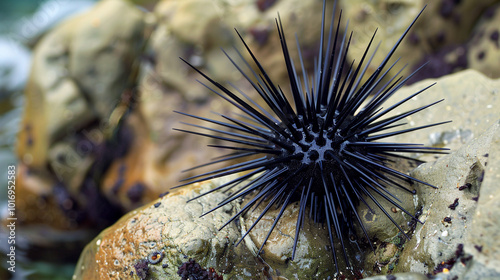 Sea urchins have hard and sharp feathers besides that most sea urchins are black and live attached to rocks with copy space