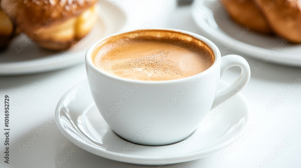 An americano coffee in a cup with a saucer on a white table, perfect for breakfast. An americano coffee in a cup with a saucer on a white table, perfect for breakfast.