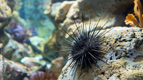 Sea urchins have hard and sharp feathers besides that most sea urchins are black and live attached to rocks with copy space photo