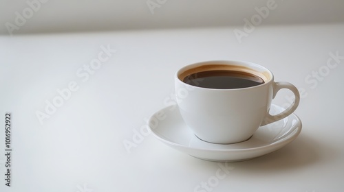 An americano coffee in a cup with a saucer on a white table, perfect for breakfast.