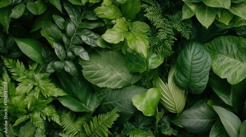 A vibrant collection of diverse green leaves and foliage in various shapes and sizes offers a vivid representation of nature's richness and botanical diversity. photo