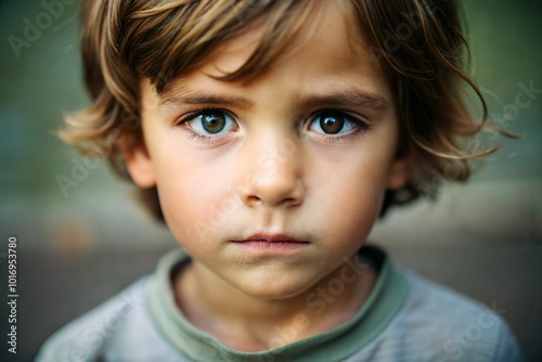 Young boy with serious expression close-up portrait