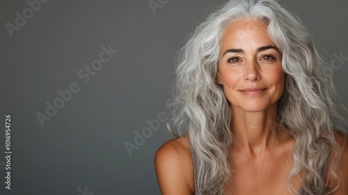 A gray-haired woman poses gracefully against a neutral backdrop, capturing elegance, poise, and sophistication in a portrait with a timeless aesthetic.