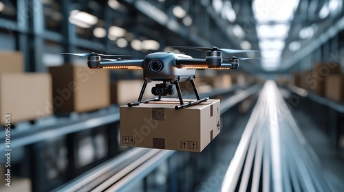 A drone carrying a package flies through a modern warehouse, showcasing the efficiency of automated delivery systems in logistics.